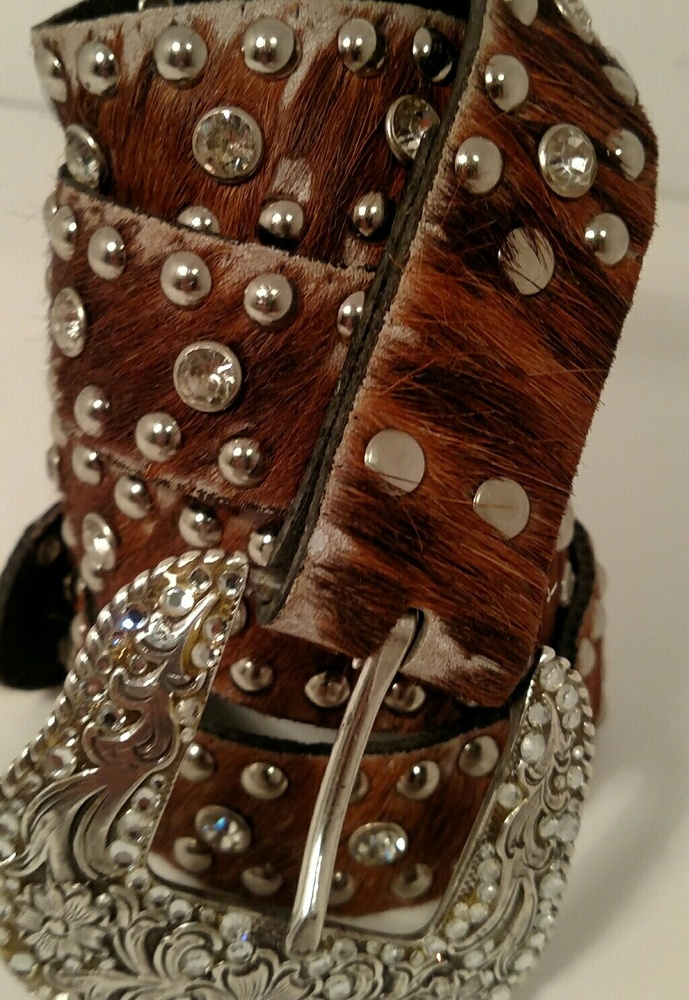Nocona Crystal Studded Hair On-Hide Leather Belt